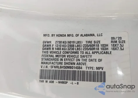 2021 Honda Odyssey Ex from USA, damaged, VIN 5FNRL6H50MB014084